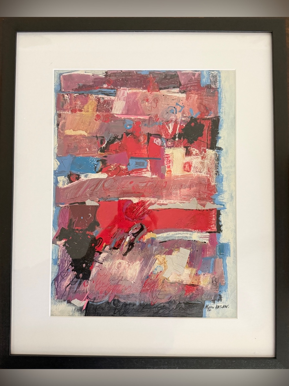 Framed Abstract Calligraphy Painting by Texas Artist Carole Myers (1934-2017)
